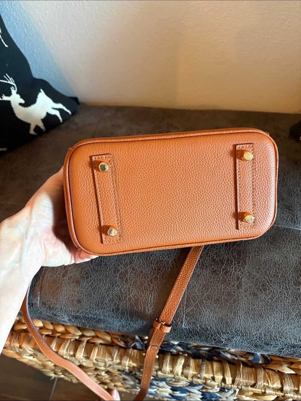 **Women's Tan Pebbled Leather Satchel with Top Handles and Crossbody Strap - Picture 4 of 12